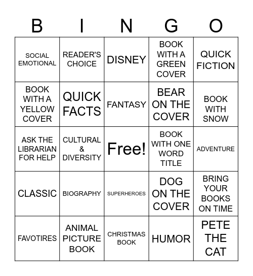 LIBRARY KINDERGARTEN Bingo Card