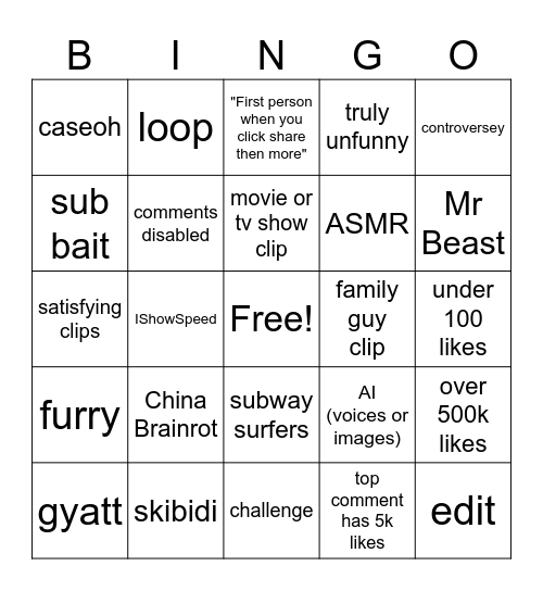 Youtube Shorts Bingo Card