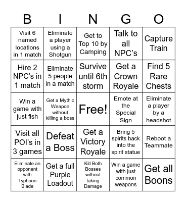 Fortnite Bingo Card
