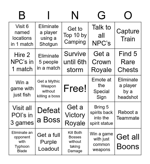 Fortnite Bingo Card