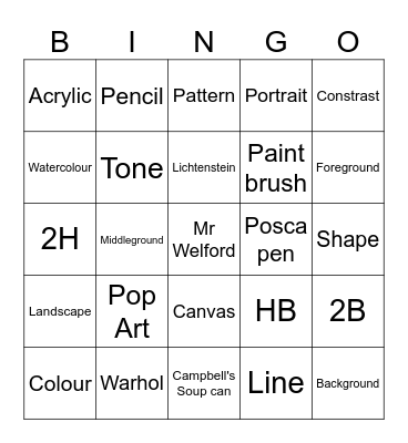 Year 9 Art Bingo Card