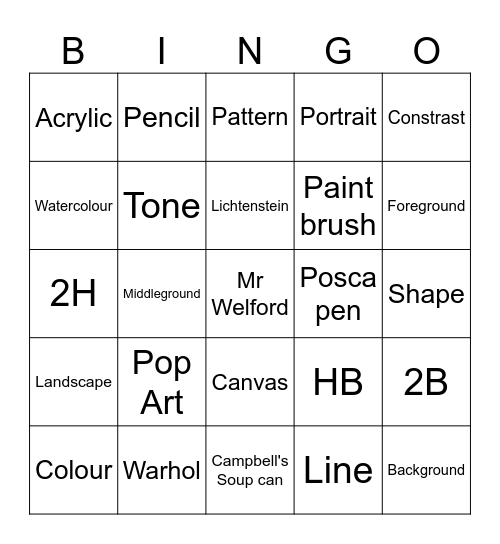 Year 9 Art Bingo Card
