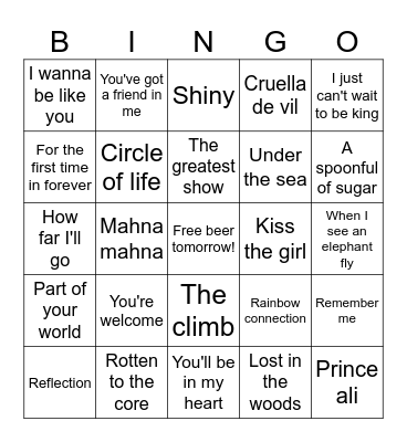 Disney Song Covers Bingo Card