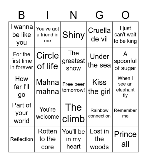 Disney Song Covers Bingo Card