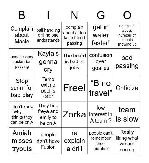 Tryouts Bingo Card