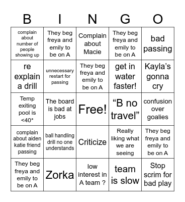 Tryouts Bingo Card
