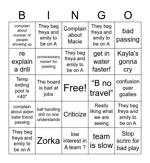 Tryouts Bingo Card