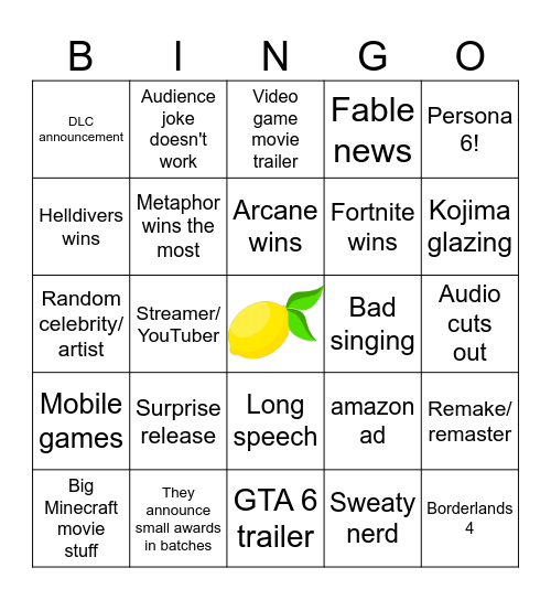 Game Awards 2024 Bingo Card