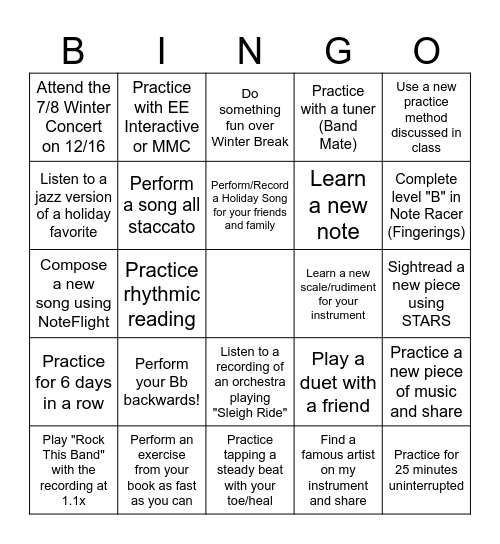 Bingo Practice Chart - December 2024 Bingo Card