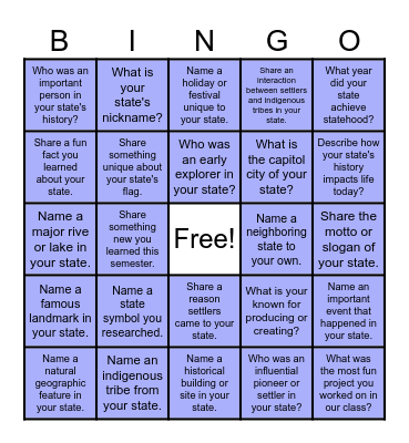 State History Bingo Card