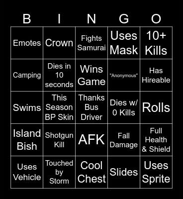 No Build Battle Royal Bingo Card