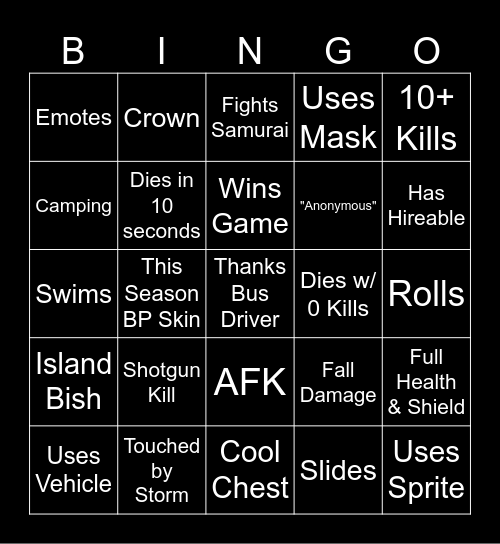 No Build Battle Royal Bingo Card