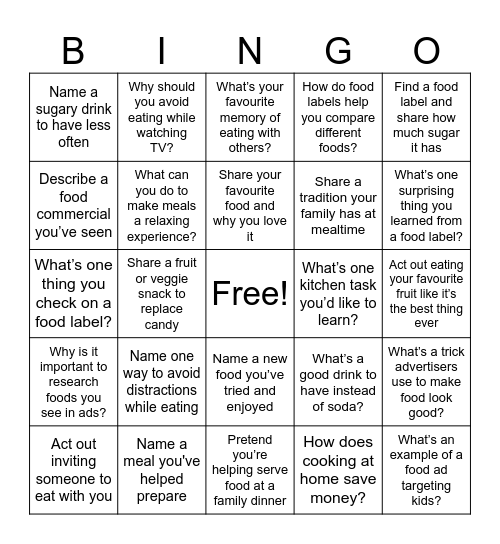 Canada's New Food Guide Recommendations Bingo Card