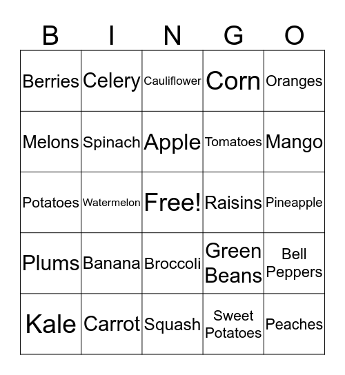 Fruits & Veggies Bingo Card