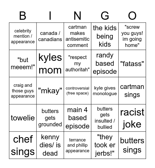 south park bingo Card