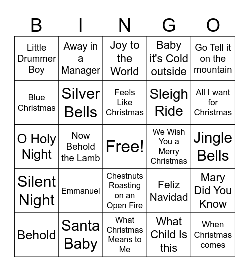 Holiday Song Bingo Card