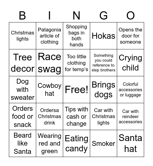 Christmas people watching Bingo Card