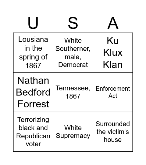 Southern White Response To Reconstruction Bingo Card