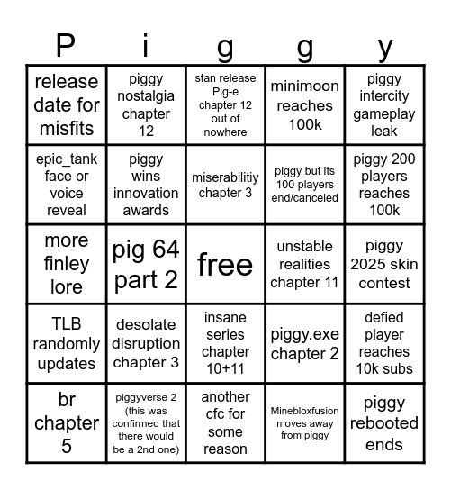 Piggy 2025 bingo board Bingo Card