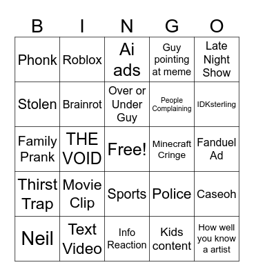 YT SHORTS BINGO Card