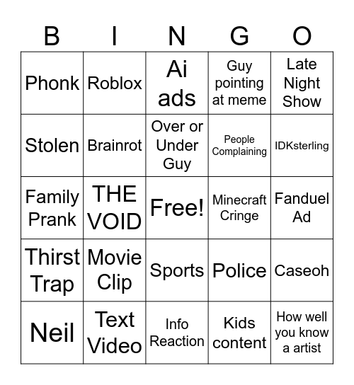 YT SHORTS BINGO Card