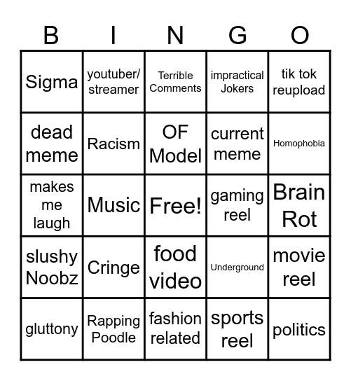 Instagram reel bingo Card