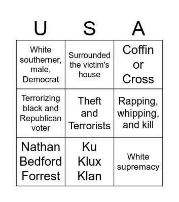 Southern White Response To Reconstruction Bingo Card