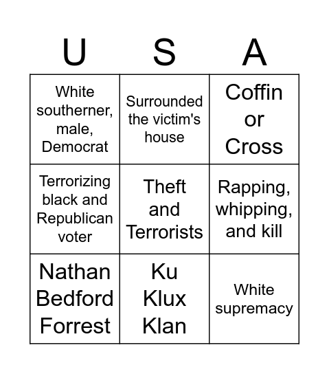 Southern White Response To Reconstruction Bingo Card