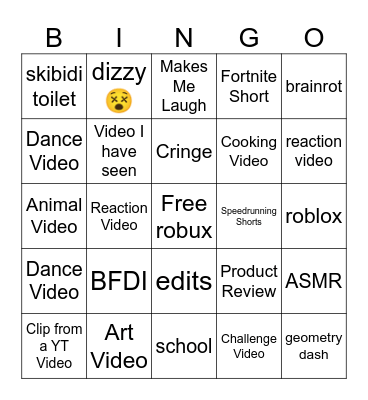 YT Shorts Bingo Card