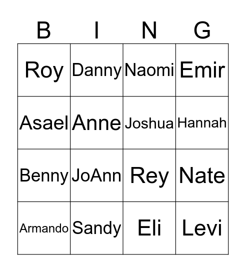 Student Names Bingo Card