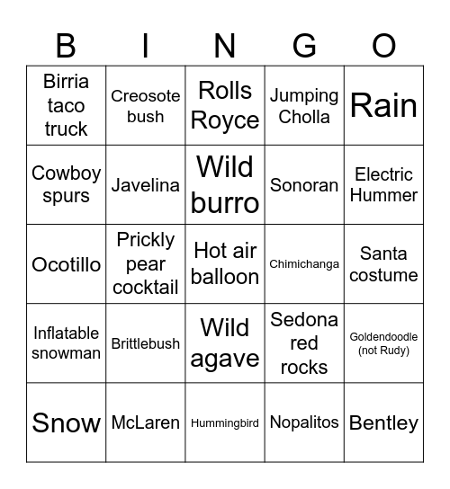 Arizona Christmas Bingo Card