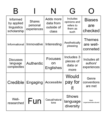 ENGL 370 PUBLIC-FACING GENRE Bingo Card