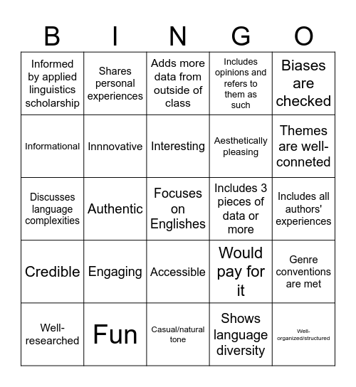 ENGL 370 PUBLIC-FACING GENRE Bingo Card