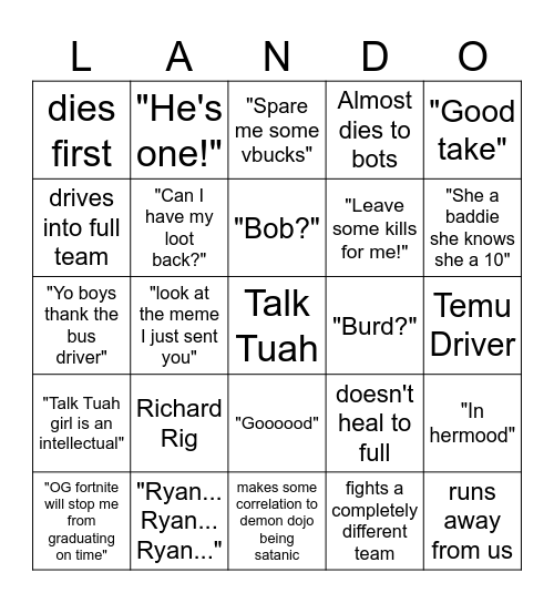 Landon Bingo Card
