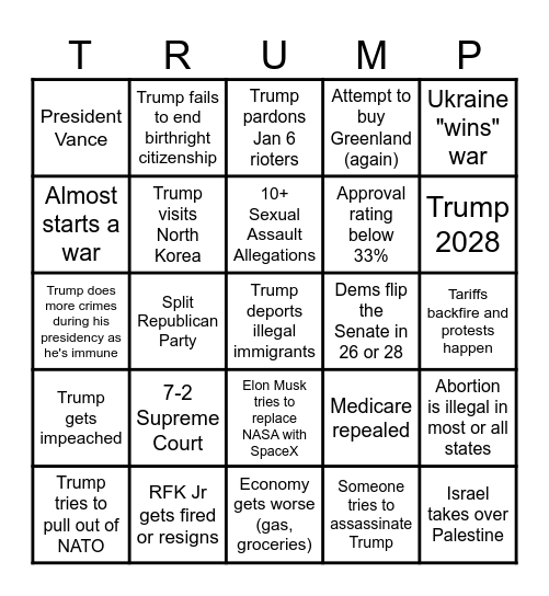 Trump Presidency 2025-2029 Bingo Card