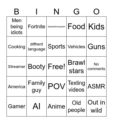 YouTube shorts bingo Card