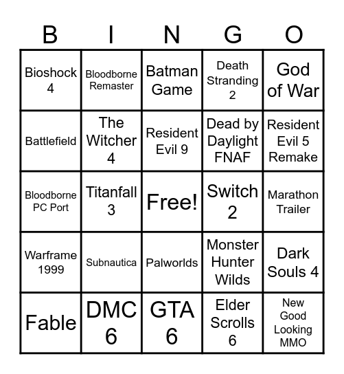 Game Awards 2024 Bingo Card