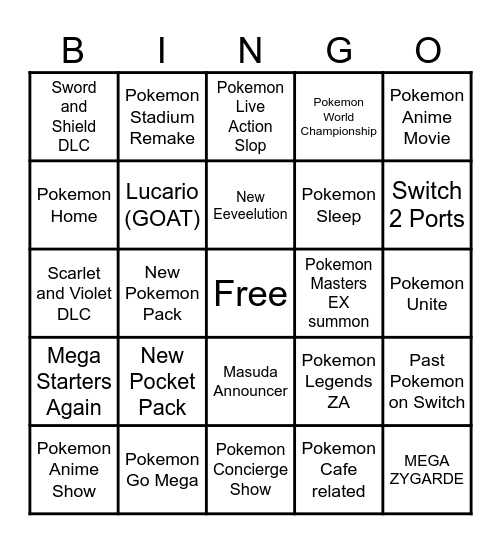 Pokemon Presents Bingo Card