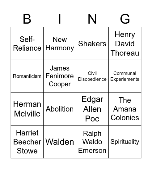 Transcendentalism Bingo Card