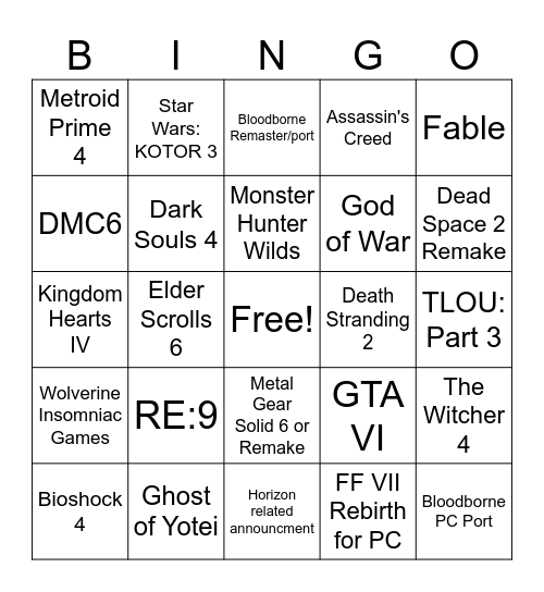 VGA 24 Bingo Card