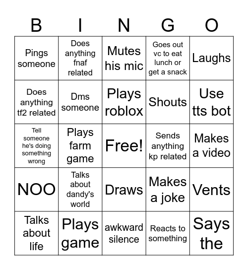 Kaiden Aire Bingo Card