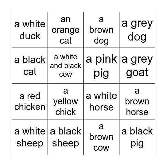 Farm Animals & Colors Bingo Card