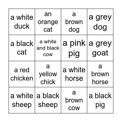 Farm Animals & Colors Bingo Card