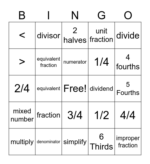 Math Vocabulary Bingo Card