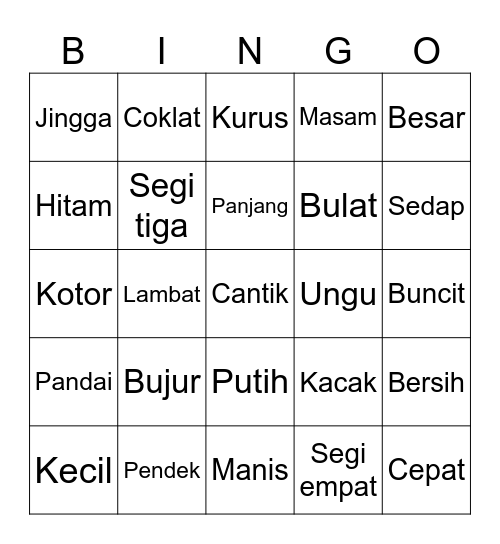 Kata Adjektif Bingo Card