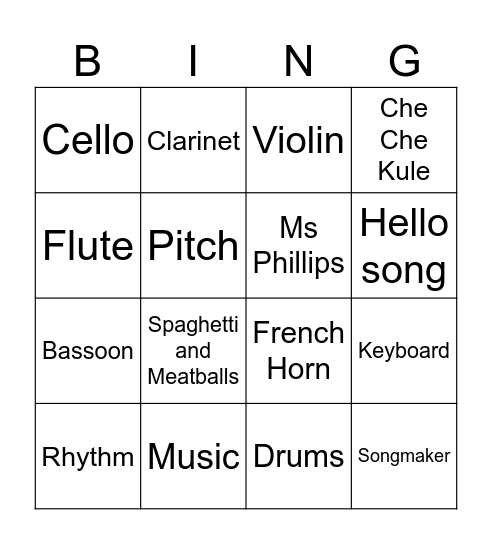 Music Words Bingo Card