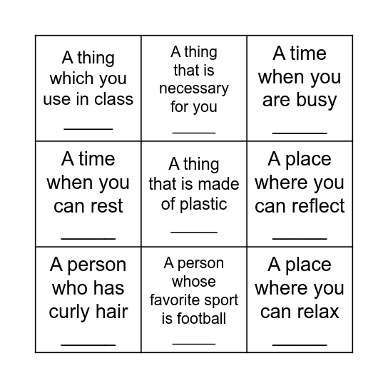 Think of ... Bingo Card