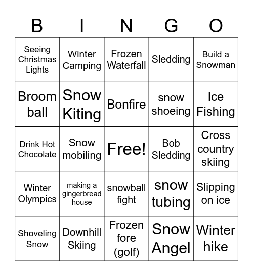 Winter Activities Bingo Card