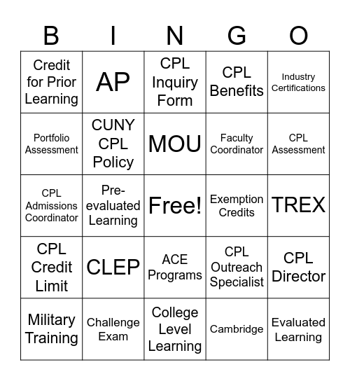 CPL Lingo Bingo Card