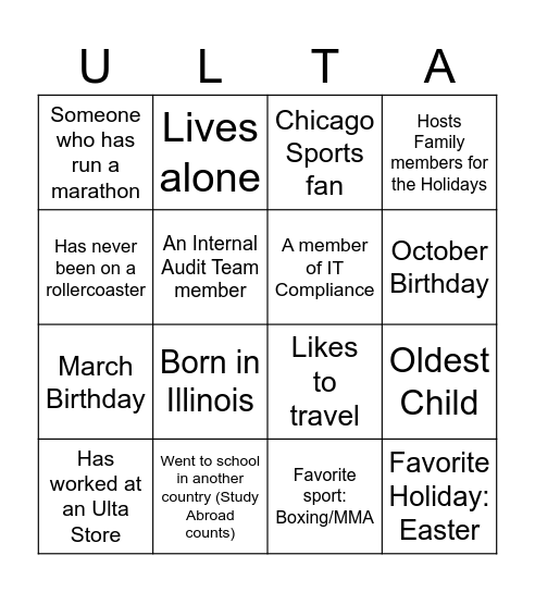 Ulta Holiday Bingo Card